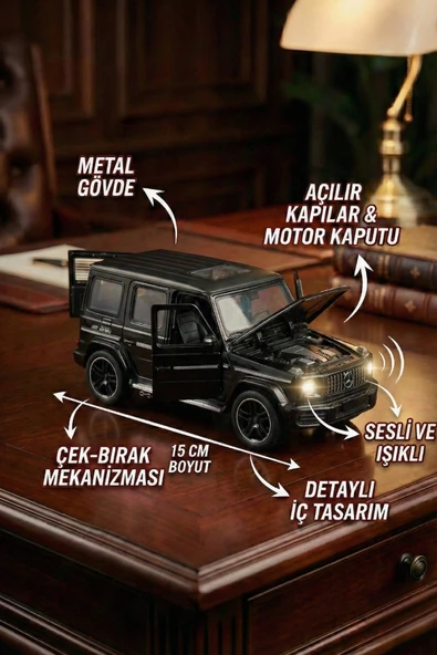 1:32 Metal Çek Bırak Mercedes G65 Siyah Sesli ve Işıklı Kapıları Açılan Oyuncak Arazi Aracı ürün görseli 1