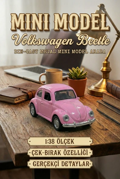 Volkswagen Beetle Vosvos Mini Model Araba 1:38 Ölçek Die-Cast Metal Çek-Bırak Oyuncak 9.5 cm - Pembe ürün görseli 1