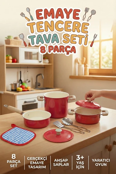 Oyuncak Metal Tencere Tava Seti 8 Parça - Pembe Paslanmaz Çelik Evcilik Mutfak Seti ürün görseli 1
