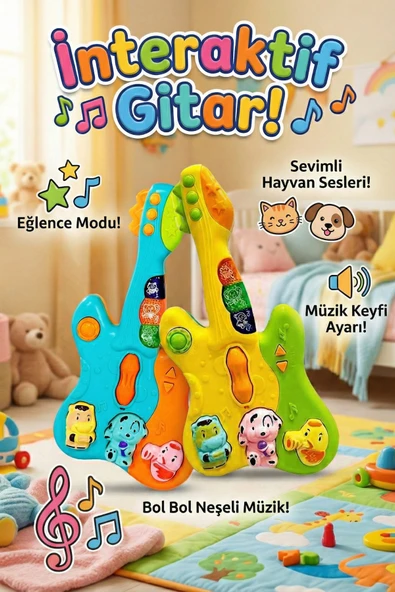 İnteraktif Eğitici Bebek Gitarı - Hayvan Sesli, Işıklı ve 4 Modlu Müzikli Oyuncak ürün görseli 1