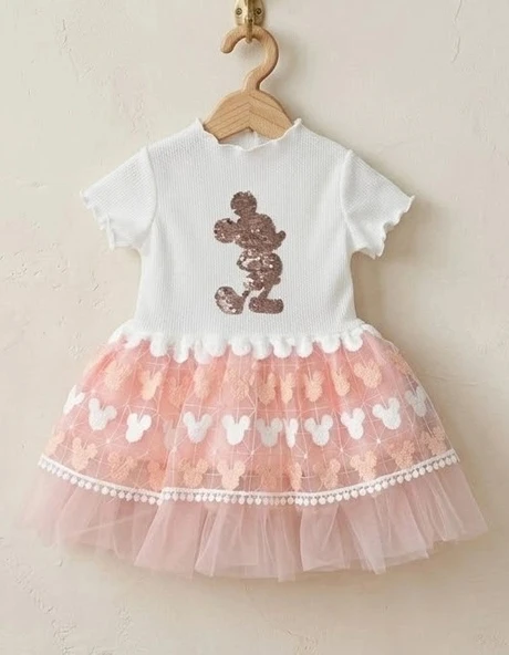 Antialerjik Pamuklu Dokulu, Payetli Mickey Desenli Bebek Şıklığı ve Konfor Elbisesi ürün görseli 1