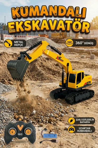 Uzaktan Kumandalı Şarjlı Metal Kepçeli 360° Dönen RC Ekskavatör İş Makinesi Oyuncak - Sarı ürün görseli 1