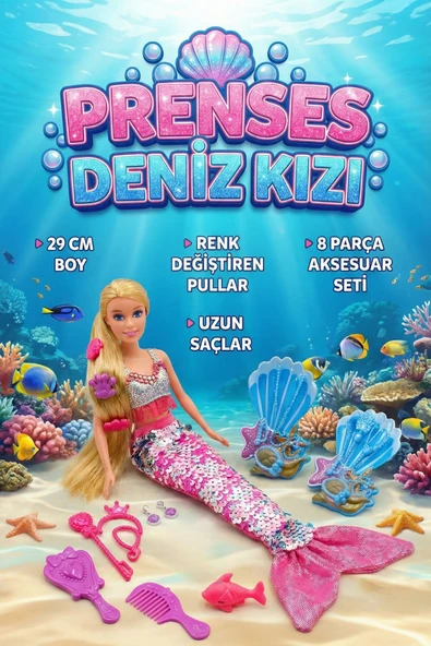 Prenses Deniz Kızı Oyuncak Bebek - Renk Değiştiren Pullu, Uzun Saçlı ve 8 Parça Aksesuarlı (29 cm) ürün görseli 1
