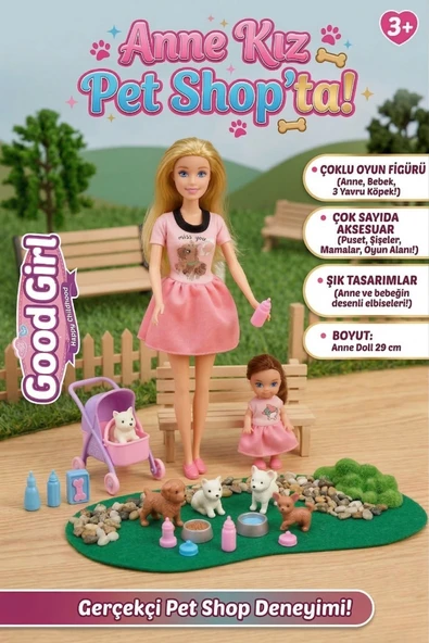 Good Girl Anne Kız Pet Shop Oyun Seti - 29 cm Oyuncak Bebek, Yavru Köpekler ve Pusetli Evcilik Seti ürün görseli 1