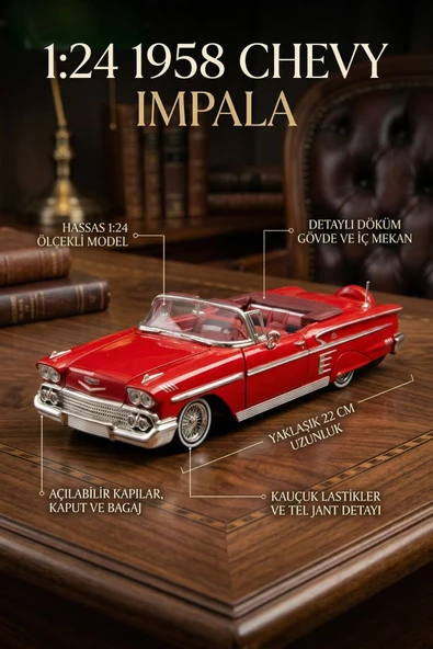 1:24 1958 Chevy Impala Metal Lisanslı Model Araba - Kırmızı Koleksiyonluk ürün görseli 1