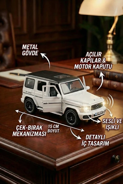 1:32 Metal Çek Bırak Mercedes G65 Beyaz Sesli ve Işıklı Kapıları Açılan Oyuncak Arazi Aracı ürün görseli 1