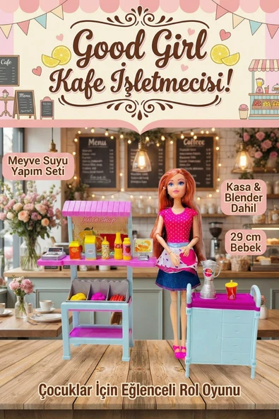 Good Girl Kafe İşletmecisi Meyve Suyu Standı ve Aksesuarlı Oyuncak Bebek Seti 29 cm ürün görseli 1
