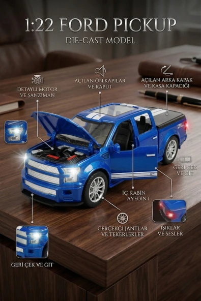 1:22 Ölçek Metal Ford Pickup Model Araba - Sesli, Işıklı ve Çek Bırak Off-Road Oyuncak Arazi Aracı ürün görseli 1