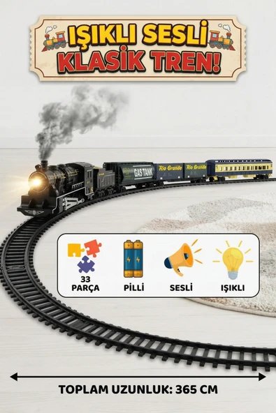 Classic Series Pilli Işıklı Sesli Oyuncak Tren Seti - 33 Parça Nostaljik Tren - 365 cm Ray ürün görseli 1