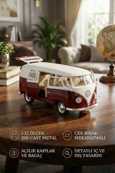 1:32 Ölçek Metal Çek Bırak Nostaljik Volkswagen T1 Minibüs Vosvos Oyuncak Araba - Bordo (13 cm) ürün görseli 1