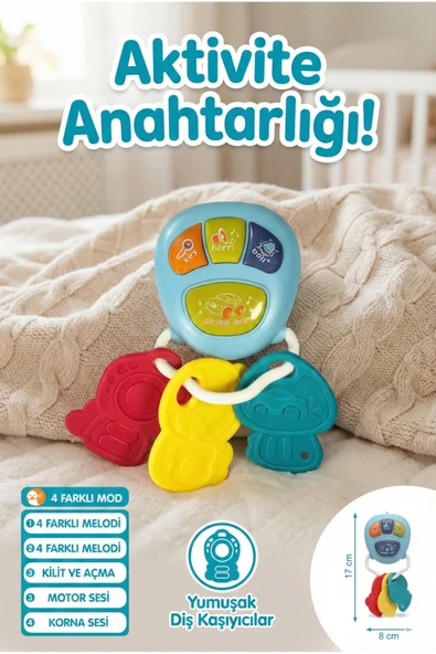 Bebek Araba Anahtarı ve Yumuşak Diş Kaşıyıcı Oyuncak - 4 Farklı Mod, Sesli Aktivite Anahtarlığı ürün görseli 1