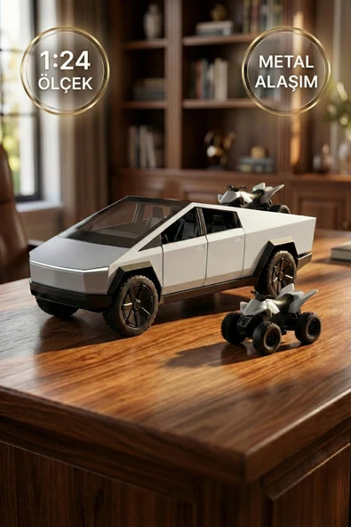 1:24 Cybertruck Metal Diecast Model Araba - ATV Motorlu, Kapıları Açılan Oyuncak Araba Gri ürün görseli 1