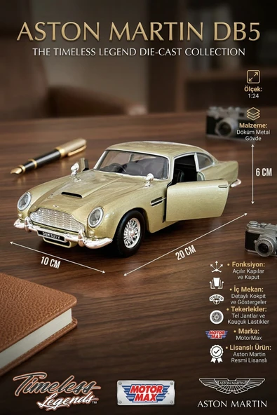 MotorMax 1:24 Aston Martin DB5 Die-Cast Model Araba - Açılır Kapılı Metal Koleksiyon Aracı (Altın) ürün görseli 1