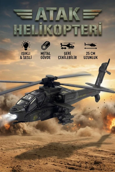 Metal Işıklı ve Sesli Atak Savaş Helikopteri 25 Cm Çek Bırak Oyuncak Askeri Model - Siyah ürün görseli 1