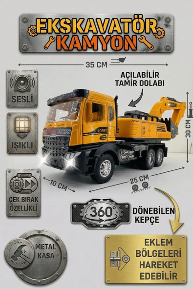 Metal Kasa Sesli Işıklı Ekskavatör Kamyon 35 cm - 360 Derece Dönen Kepçeli Çek Bırak İş Makinesi ürün görseli 1