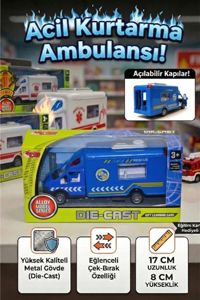 Vardem Metal Çek Bırak Polis Kurtarma Ambulansı - 17 cm Açılır Kapılı Die-Cast Model Araba ürün görseli 1