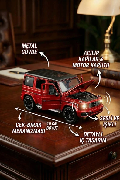 1:32 Metal Çek Bırak Mercedes G65 Kırmızı Sesli ve Işıklı Kapıları Açılan Oyuncak Arazi Aracı ürün görseli 1