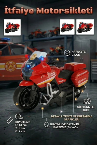 İtfaiye Kurtarma Motorsikleti Sürtünmeli Hareketli Gidonlu Oyuncak Motor ürün görseli 1