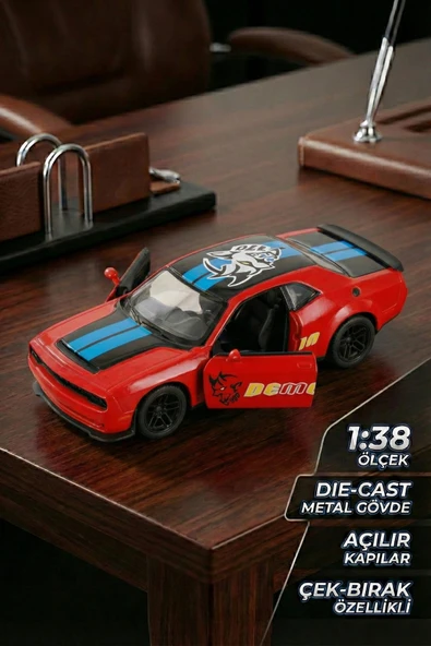 1:38 Ölçek Dodge Challenger Demon Metal Oyuncak Araba - Çek Bırak Açılır Kapılı Kırmızı ürün görseli 1