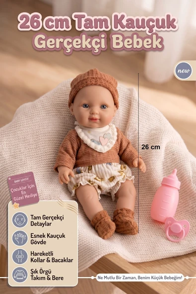26 cm Tam Kauçuk Gerçekçi Et Bebek - Kıyafetli, Biberonlu & Emzikli Set ürün görseli 1
