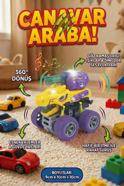Işıklı Ve Sesli Dinozor Canavar Kamyon - 360° Dönen Sürtmeli Akrobasi Arabası - Oyuncak Araba ürün görseli 1