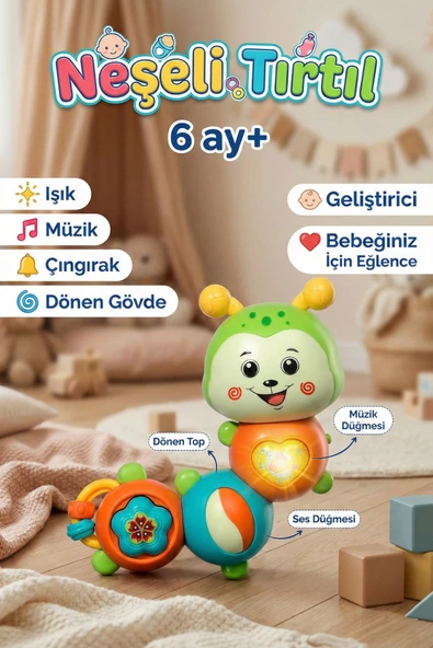 Eğitici Sesli ve Işıklı Neşeli Tırtıl Bebek Oyuncağı 6 Ay+ Zeka Geliştirici Çıngıraklı Müzikli ürün görseli 1
