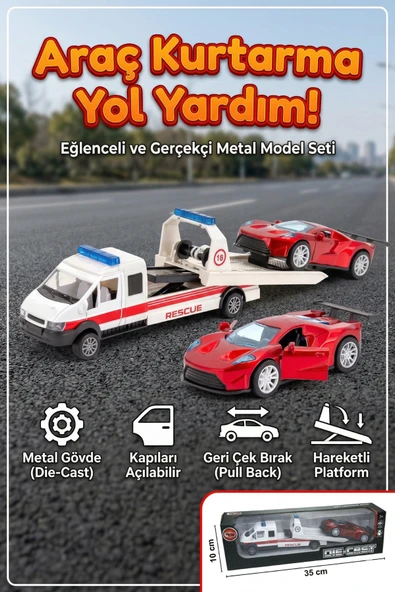 Die-Cast Metal Araç Kurtarma Yol Yardım Seti - Hareketli Platform Çek Bırak Spor Araba Dahil ürün görseli 1