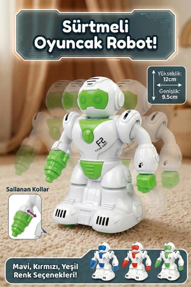Sürtmeli Bas Git Oyuncak Robot - Yeşil Hareketli Kollu Eğitici Bebek Ve Çocuk Oyuncağı 12 cm ürün görseli 1