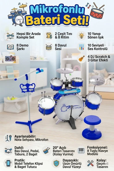 Mikrofonlu Işıklı Sesli Bateri Seti - Piyanolu Tabureli & Bagetli Eğitici Çocuk Bateri Takımı - Mavi ürün görseli 1
