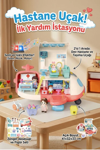 Eğitici Sesli ve Işıklı Dev Hastane Uçağı - Aksesuarlı 2'si 1 Arada İlk Yardım Doktor Oyun Seti ürün görseli 1