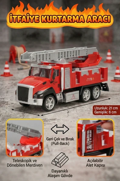 Oyuncak İtfaiye Arabası Çek Bırak Metal Gövde Uzayan Merdivenli İtfaiye Kurtarma Aracı 21 cm ürün görseli 1