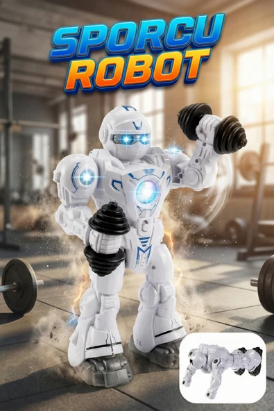 Sporcu Robot Işıklı Sesli ve Hareketli Oyuncak – Dambıl Kaldıran Şınav Çeken Robot (24 cm) ürün görseli 1
