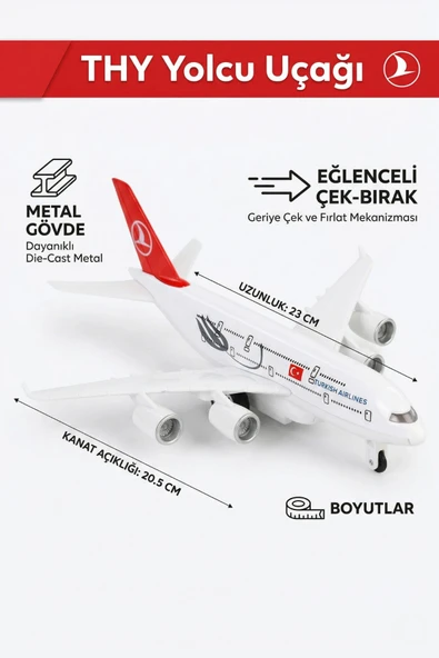 Türk Hava Yolları THY Metal Oyuncak Uçak Çek Bırak Die-Cast Yolcu Uçağı Maketi 23 cm ürün görseli 1