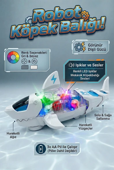 Şeffaf Dişlili Işıklı ve Sesli Hareketli Robot Köpek Balığı Oyuncak ürün görseli 1