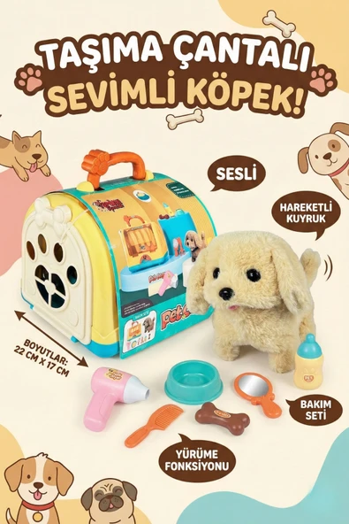 Taşıma Çantalı Sesli ve Yürüyen Peluş Oyuncak Köpek Evcil Hayvan Bakım Veteriner Seti ürün görseli 1