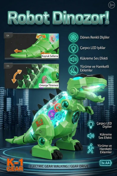 Vardem Oyuncak K-1 Gear Şeffaf Gövdeli Işıklı Sesli Yürüyen T-Rex Robot Dinozor Yeşil ürün görseli 1
