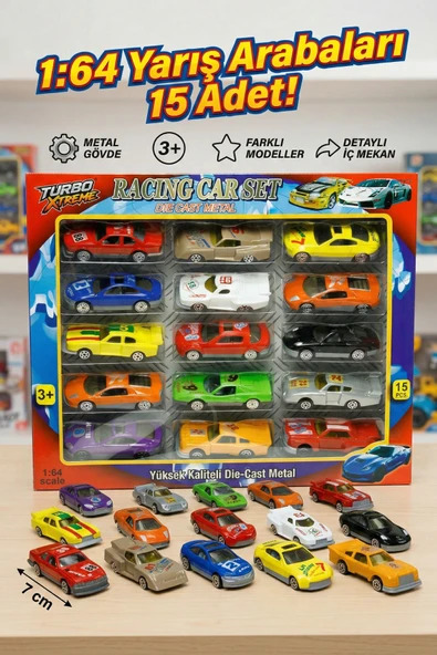 Vardem 15'li Metal Model Araba Seti 1:64 Ölçek Die-Cast Yarış Arabaları - 7 cm ürün görseli 1