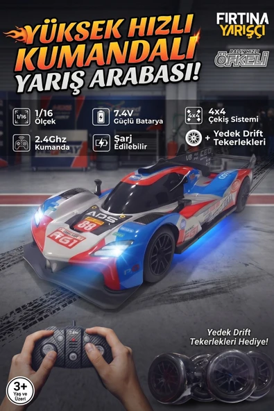Fırtına Yarışçı Öfkeli 1/16 Ölçek Şarjlı Kumandalı Drift Yarış Arabası (4x4, 30km/s Hız, LED Işıklı) ürün görseli 1