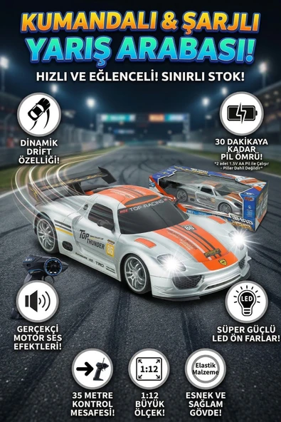 1:12 Ölçek Uzaktan Kumandalı Şarjlı Drift Arabası - Büyük Boy Işıklı ve Sesli Yarış Arabası ürün görseli 1