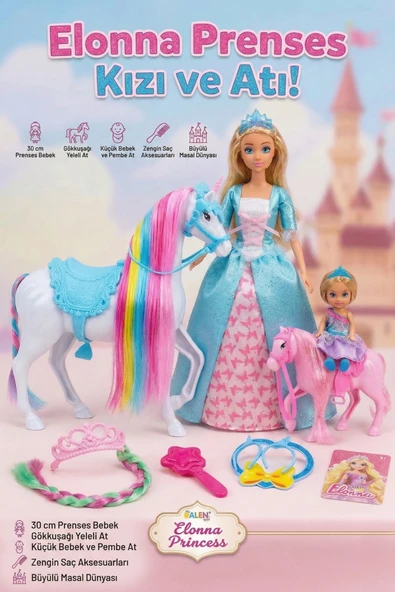 Elonna Princess Yeleli Unicorn At ve 30 cm Prenses Bebek Oyun Seti - Saç Aksesuarlı ürün görseli 1