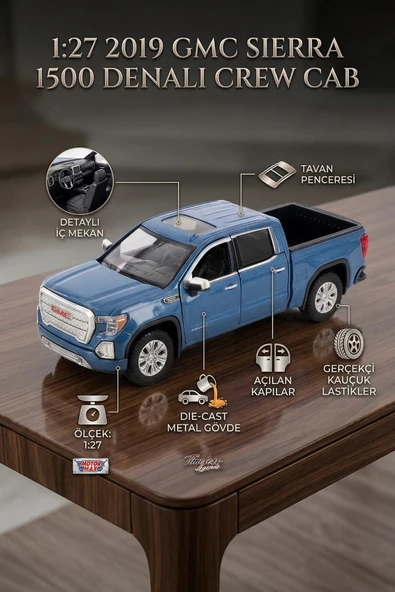 Motor Max 1:27 2019 GMC Sierra 1500 Denali Crew Cab Mavi Lisanslı Diecast Metal Model Araba ürün görseli 1