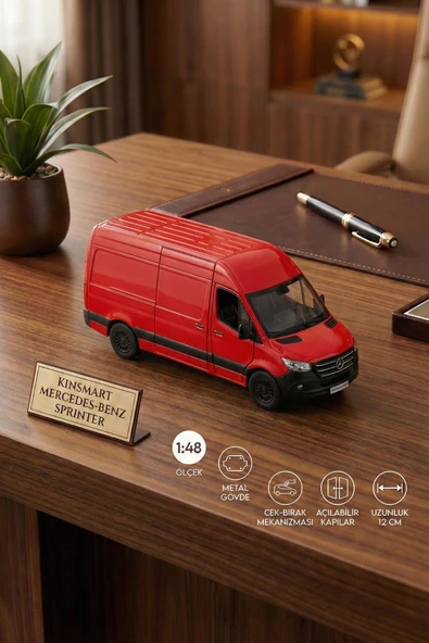 Kinsmart Mercedes-Benz Sprinter 1:48 Ölçek Metal Çek Bırak Oyuncak Minibüs - Kırmızı Model Araba ürün görseli 1