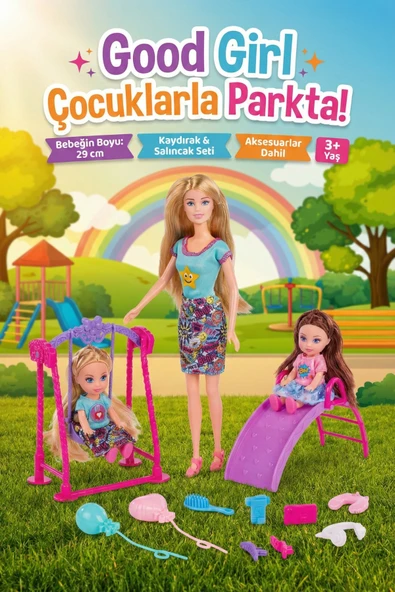 Good Girl Çocuklarla Parkta Oyun Seti - 29 cm Bebek, Kaydırak, Salıncak ve Aksesuarlı ürün görseli 1