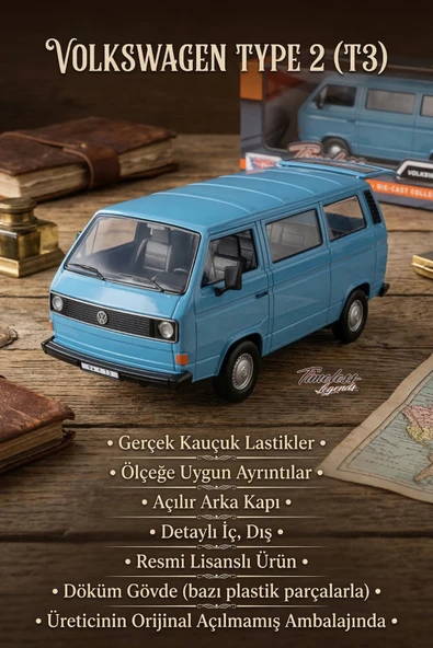 Motormax 1:24 Volkswagen Type 2 (T3) Mavi Klasik Metal Model Araba Resmi Lisanslı Diecast ürün görseli 1