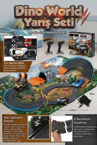 Dino World Dino Hunter Slot Track Yarış Seti - 120x80 cm Dinozor Temalı Işıklı Araba Pisti ürün görseli 1