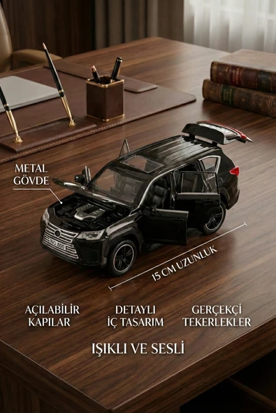 1:32 Ölçek Metal Model Araba LX600 Lüks SUV Jip - Işıklı Sesli Çek Bırak - Siyah ürün görseli 1