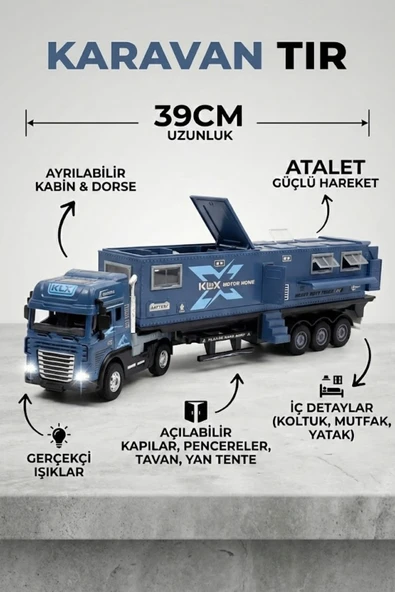 Oyuncak Tır Ve Karavan Seti - 39cm Büyük Boy Metal Kupa Işıklı Sesli Çek Bırak Oyuncak Araba ürün görseli 1