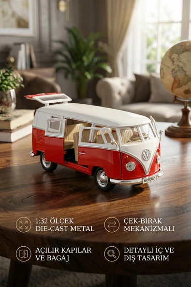 1:32 Ölçek Metal Çek Bırak Nostaljik Volkswagen T1 Minibüs Vosvos Oyuncak Araba - Kırmızı (13 cm) ürün görseli 1