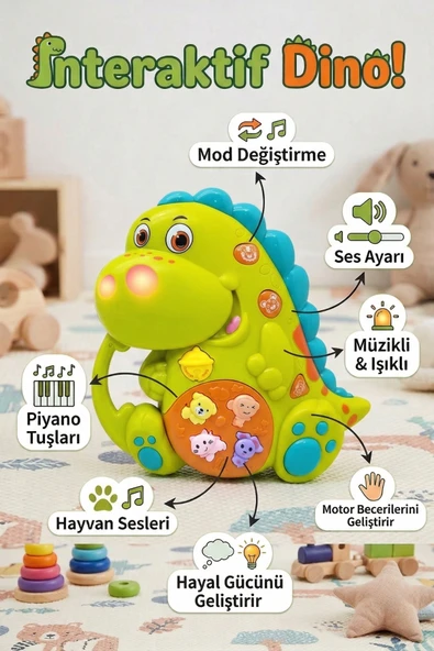 Vardem Eğitici İnteraktif Müzikli ve Işıklı Dinozor Bebek Oyuncağı Hayvan Sesli Piyano ürün görseli 1