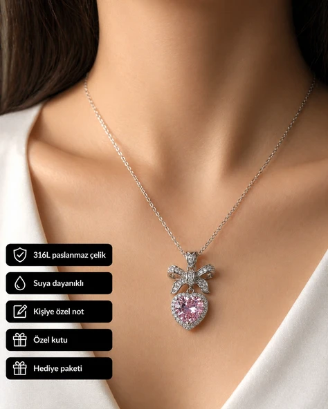 Hediye Fiyonk Detaylı Kalp Taşlı 316L Çelik Kadın Kolye Pembe ürün görseli 1